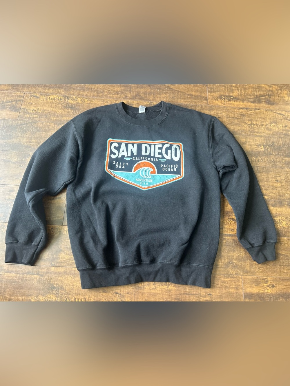 Gildan Black San Diego Graphic Crewneck Sweatshirt with Teal and Orange Accents